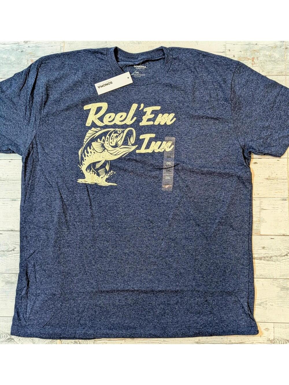 Sonoma Reel 'Em In Funny Fishing Graphic Navy Bass Fish Shirt New Mens Size 2XL